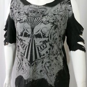 XL Shredded Grey Skull Print Mid Sleeve Shirt